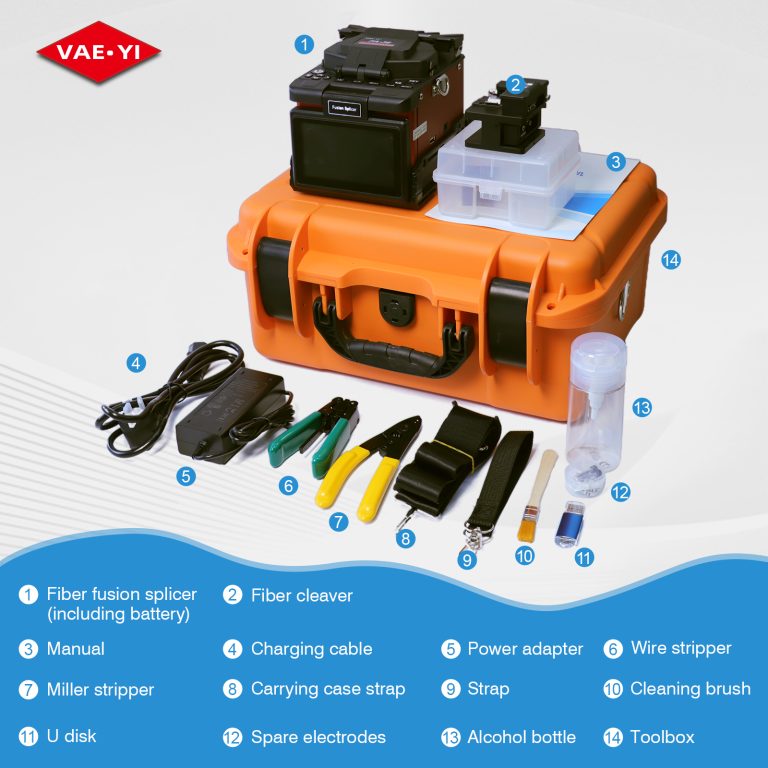 Unboxing of the standard 12-piece set for the VAEYI FA-36 fusion splicer: Explaining the function of each accessory. — illustration